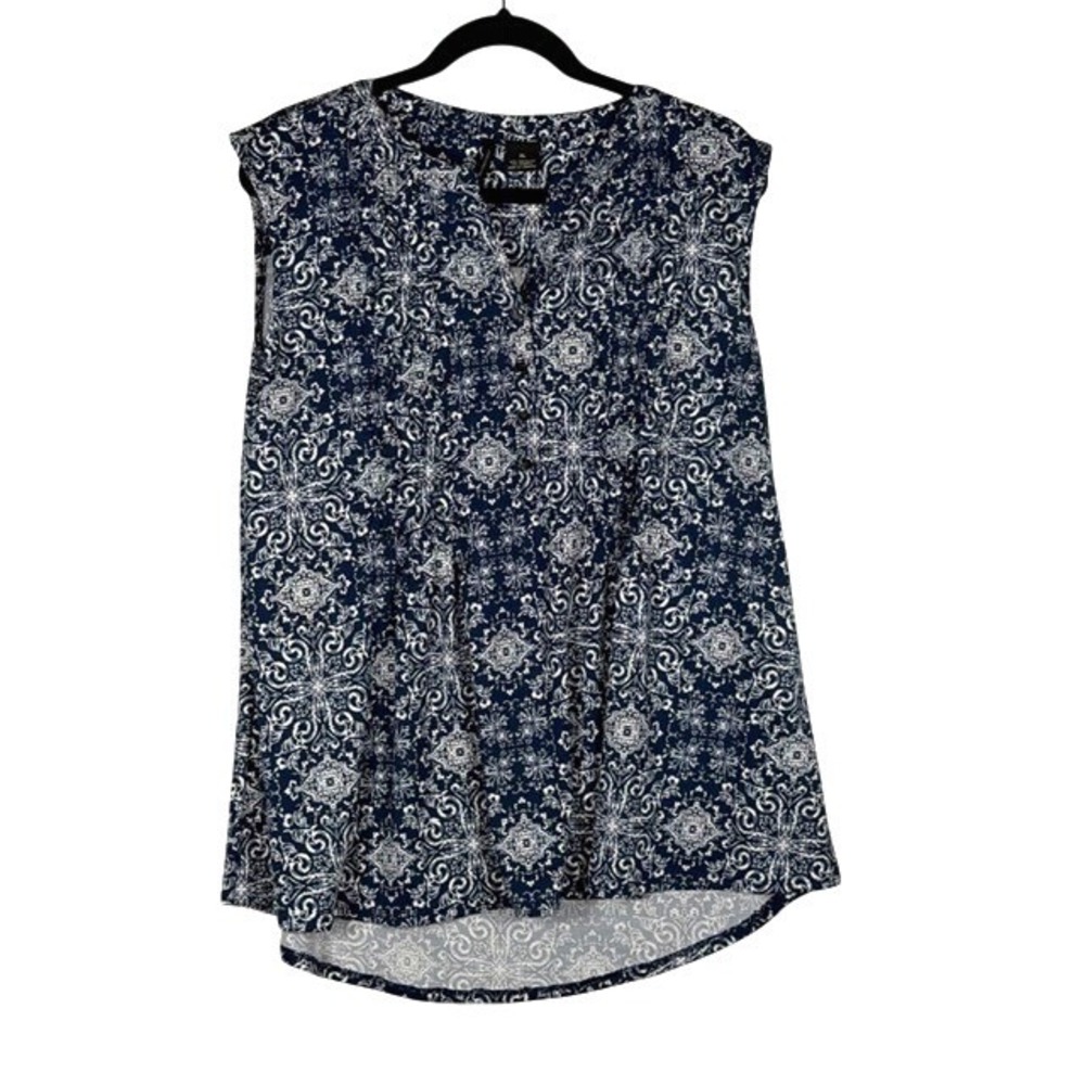New Directions Womens XL Blue White Medallion Print Sleeveless High Low Top